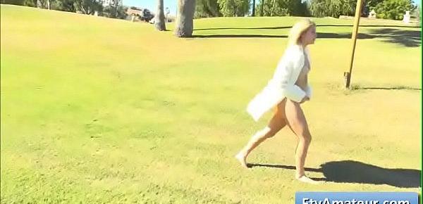  Cutie blonde young amateur teen Arya finger her juicy pink pussy outdoor and plays on the golf field